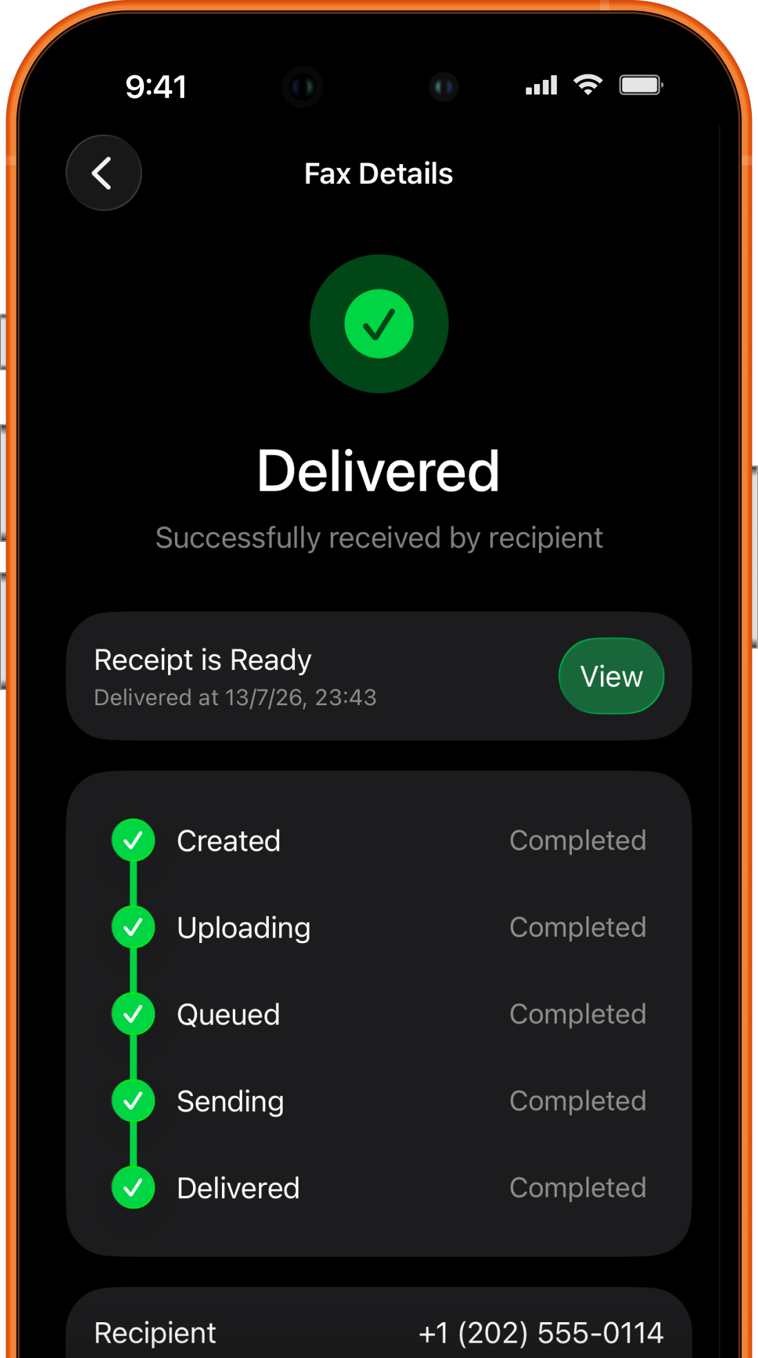 Fax Prime delivered status for a completed fax