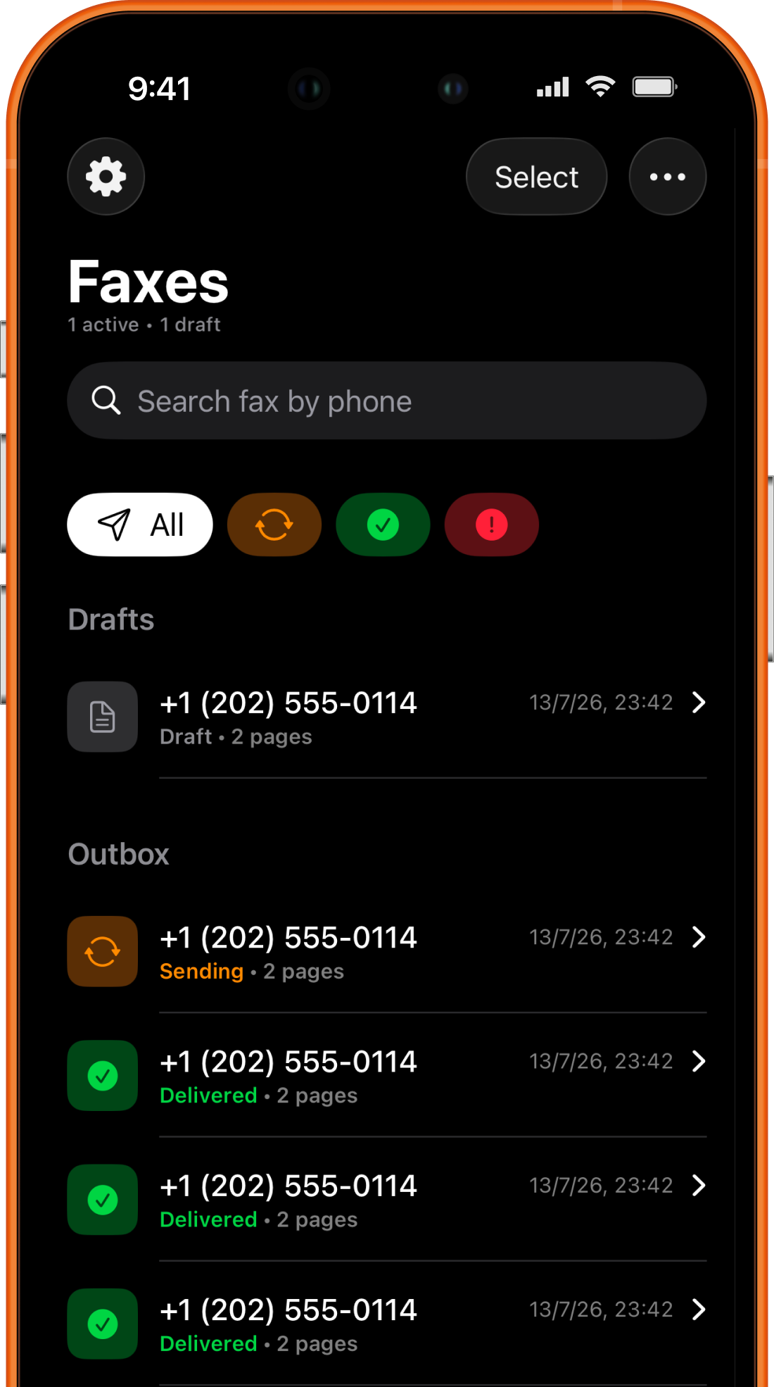 Fax Prime fax list for reviewing sent and received documents