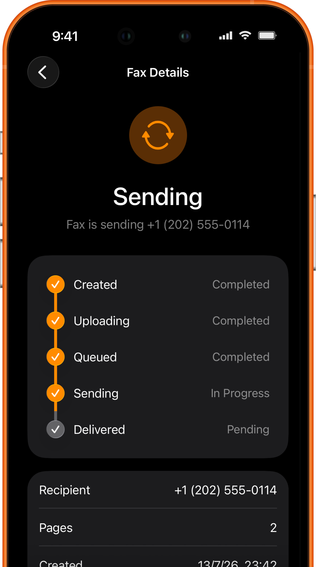 Fax Prime showing an in-progress fax transmission